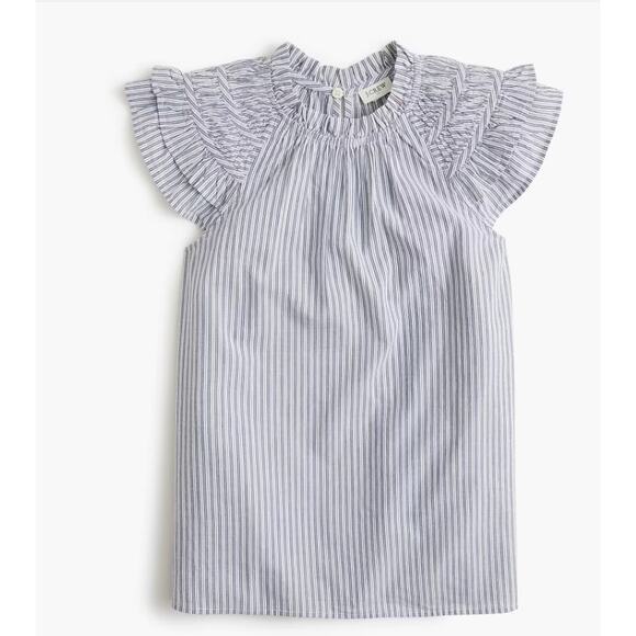 J.Crew Flutter Sleeve Top WMNS S White Blue Striped Ruffled Crewneck Sleeveless - Picture 2 of 10